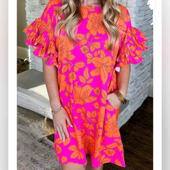 Dresses & Skirts - Hot pink and orange floral print dress featuring ruffled sleeves medium